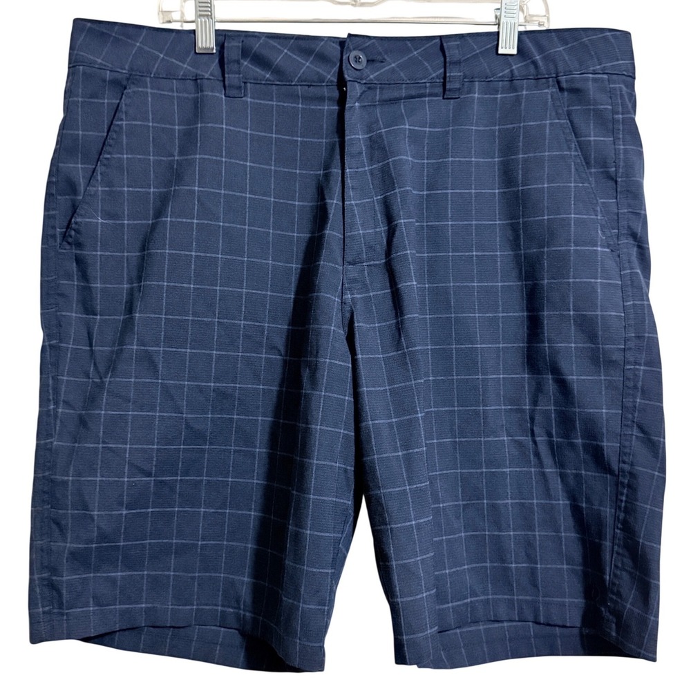 Hang Ten Mens Navy Blue Windowpane Plaid Flat Front Shorts‎ Size 38 Stretch